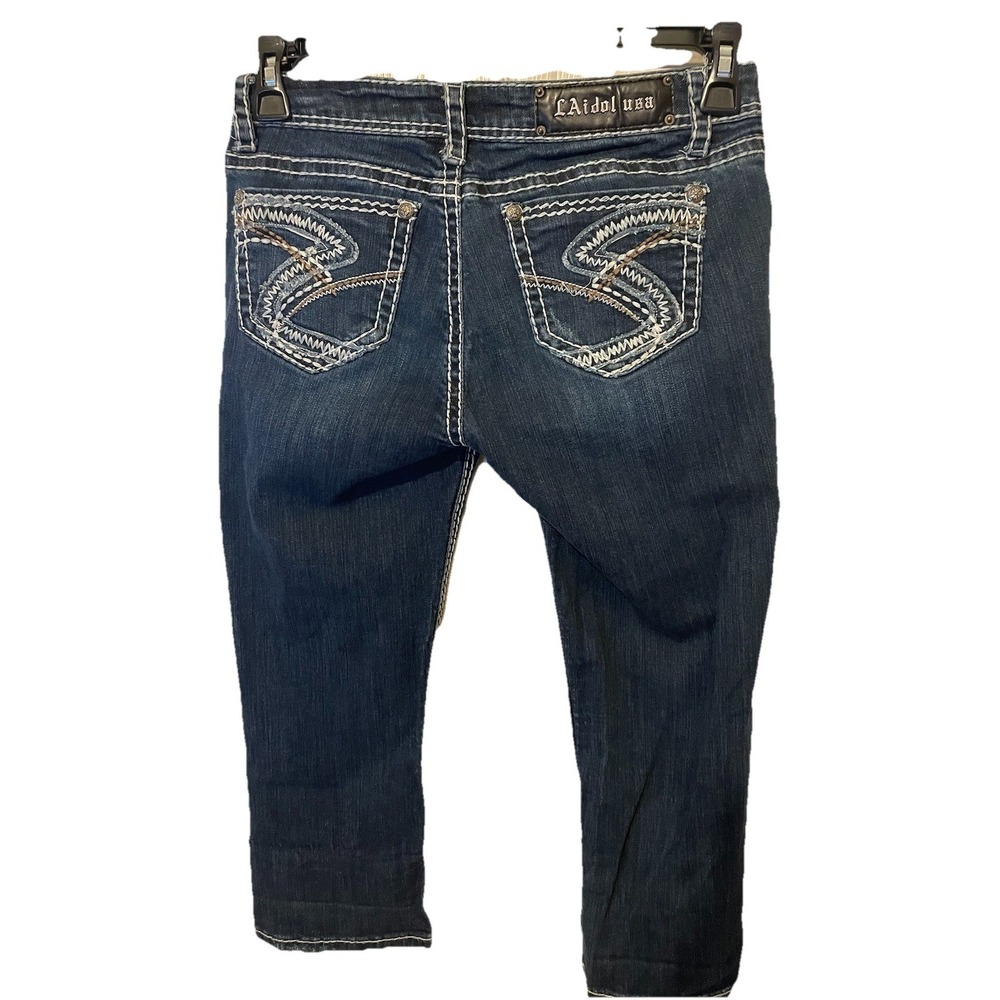 LA Idol USA Women's Size 9 Dark Wash Capri Jeans Thick Stitch Embroidered Pocket - Picture 6 of 9
